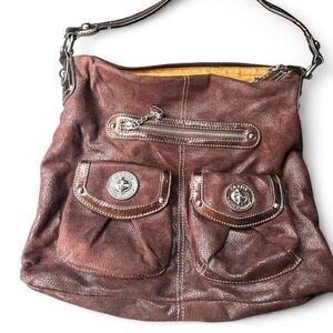 VINTAGE Kathy Van Zeeland Distressed Leather Shoulder Bag Brown Silver Hardware